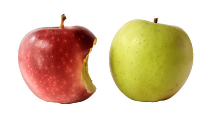 Two apples. One whole green apple and one red apple with a bitten side on a white background