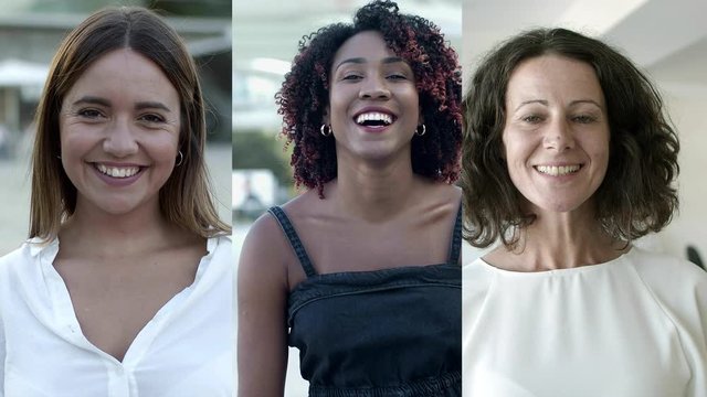 Happy diverse women of different ages and races wearing casual, looking at camera, smiling. Multiscreen montage, collage portraits. Beauty concept