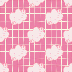 Pink cloud seamless pattern on stripes background. Doodle character sleeping cloudy wallpaper.