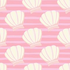 Abstract seashells seamless pattern on stripes background. Geometric sea ocean shell endless wallpaper.
