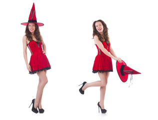Young female model posing in red mini dress
