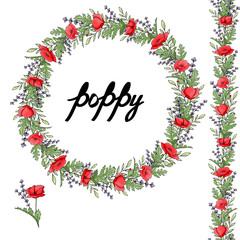 Horizontal floral border pattern. Fashion style. Floral wreath. Detailed contour wreath and seamless pattern brush with poppy isolated on white. Endless horizontal texture for your design.