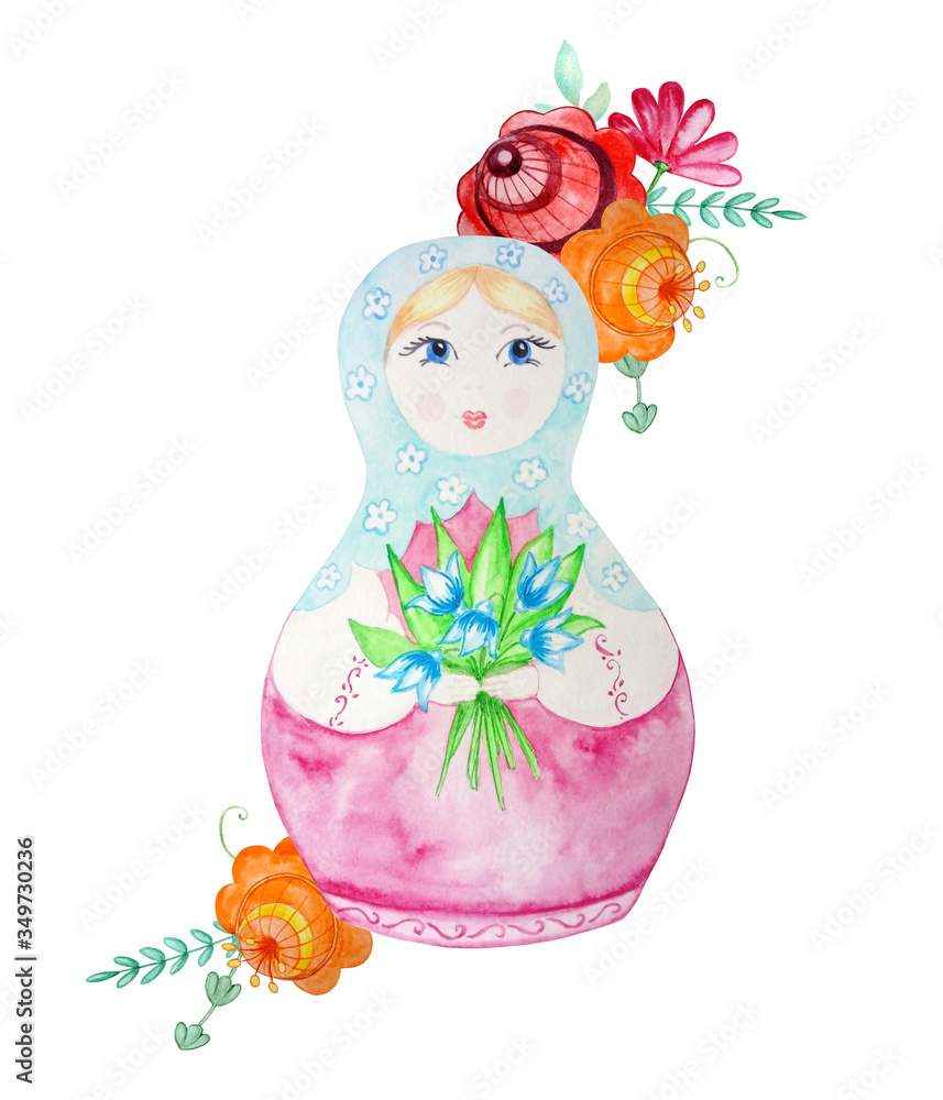 Wall mural Russian nesting doll with watercolor flowers