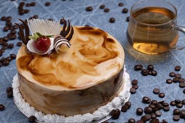 Mocha Coffee Cake stock photo, very tasty combination of Mocha and strawberry in a round cake