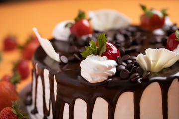 Chocolate chip topping with hot chocolate dripping cake stock photo
