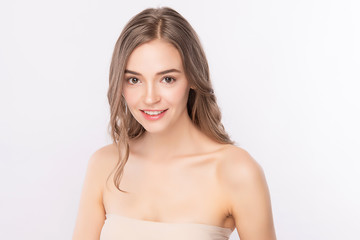 Beauty Woman face Portrait, Beautiful Young Woman with Clean Fresh Healthy Skin, Facial treatment. Cosmetology, beauty and spa, isolated on white background.