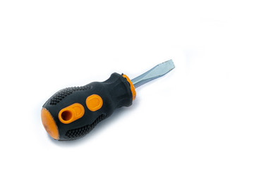 Professional slotted Screwdriver with a Yellow-Black plastic handle. construction tool isolated on white background. Cruciform for repair and construction.