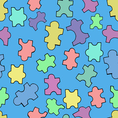 vector seamless pattern, colored puzzle elements on a blue background