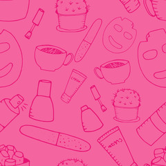 vector seamless pattern, girls makeup, manicure, face mask on a pink background