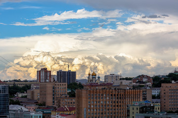Summer, 2016 - Vladivostok, Russia - From Above. Panoramic view of the central part of Vladivostok....
