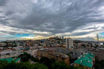 Summer, 2016 - Vladivostok, Russia - From Above. Panoramic view of the central part of Vladivostok....
