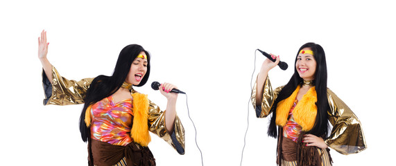 Woman in spanish clothing with mic