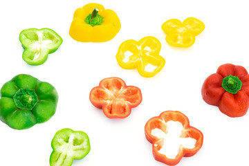 Large bell pepper red, green and yellow on a white background