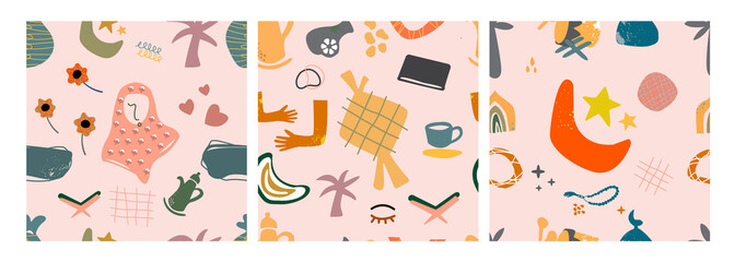 Hand drawn various shapes and doodle objects. Islamic themes. Set of three abstract contemporary modern trendy vector seamless patterns. Perfect for textile prints. Every pattern is isolated