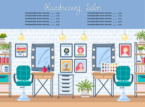 Vector cartoon background on the theme of fashion and beauty. Illustration with colorful symbols of hairdressing salon. Cover with price list for services