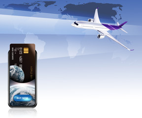 airplane and mobile phone credite card 3d illustration