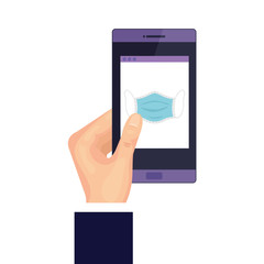 searching face mask by covid 19 in smartphone vector illustration design