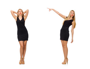 Young pretty woman in mini black dress isolated on white