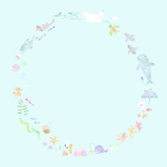 水彩風の海の生き物の丸いフレーム