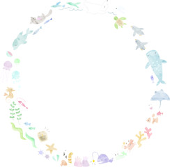 水彩風の海の生き物の丸いフレーム