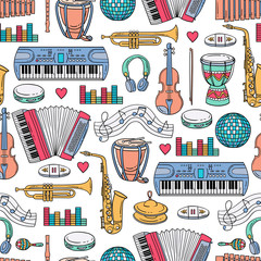 Vector seamless pattern with cartoon colorful musical instruments and sound symbols. Background on the theme of music