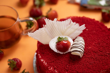 Vanilla strawberry sponge cake top angle shots