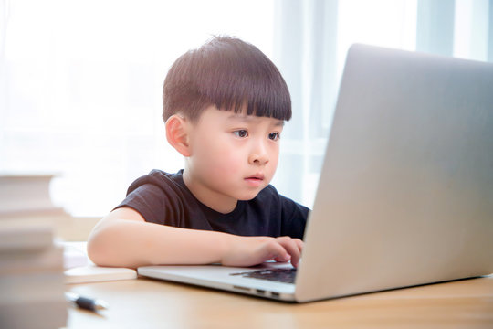 Asian little boy doing online class
