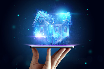 Mortgage concept for housing mortgage interest rates. Male hand with tablet and hologram at home...