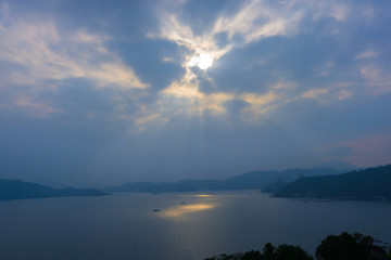 sun ray over Sun Moon Lake, view from Wen Wu Temple viewpoint