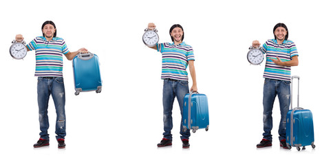 Young man with suitcase isolated on white