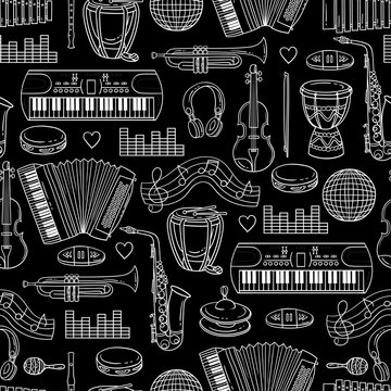 Vector seamless pattern with isolated musical instruments and sound symbols on black color. Background on the theme of music