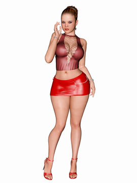 3d render of beautiful and cute woman with curvy body in miniskirt and high heel front side