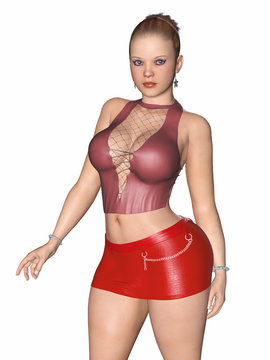 3d render of beautiful and cute woman with curvy body in miniskirt and high heel