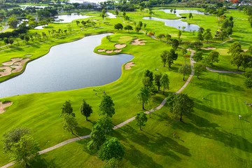 Photo sur Plexiglas Couleur pistache Golf course sport Aerial top view of golf field landscape with sunrise view in the morning shot. Bangkok Thailand