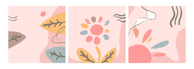 Set of three abstract backgrounds. Hand drawn various shapes and doodle objects. Contemporary modern trendy vector illustrations. Every background is isolated. Pastel colors