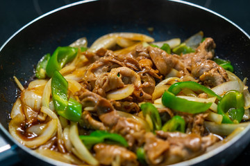  Close up image of  Pork and Pepper Stir Fry on the pan