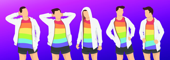 Set of young man in gay, lesbian, bisexual, transgender rights, modern style vector illustration, people simple flat shadow isolated on purple background