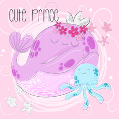 Cute animal cartoon baby whale illustration for kids