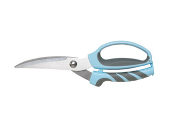 Kitchen scissors with blue handles isolated on a white background.