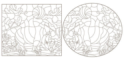 Obraz premium Set of contour illustrations of stained glass Windows with rhinos, dark contours on a white background