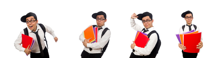 Male student holding notes isolated on white