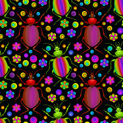 Fototapeta premium Seamless pattern with beetles, deer and flowers, bright insects on a dark background