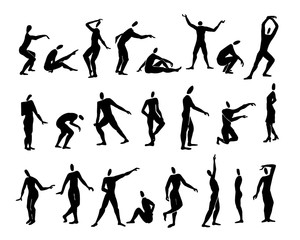 Set with people silhouettes. Vector hand-drawn illustration. The set contains different silhouettes of people in different poses. Vector illustration with people who stand, run, sit, dance. 
