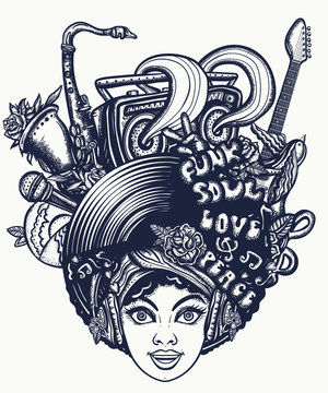 Life music. African American young funky woman. Jazz, funk, soul, disco. Karaoke concept. Hippie musical girl, saxophone, guitar and retro rainbow boom box.  Tattoo and t-shirt design