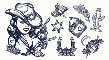 Wild West collection.Cowboy girl, golden horseshoe, cactus, sheriff star, playing card, gun. Western set. American history elements. Traditional tattooing style
