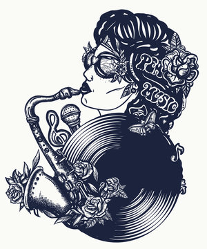 Music girl, portrait. African American funky woman plays a saxophone. Vinyl disk, saxophone, microphone, notes. Happy hippie musician. Funk, disco, jazz and soul art. Tattoo and t-shirt design