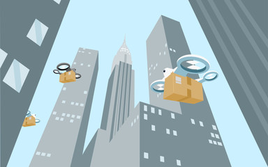 Drone delivery flying with package in the city. low angle view . vector Illustration.