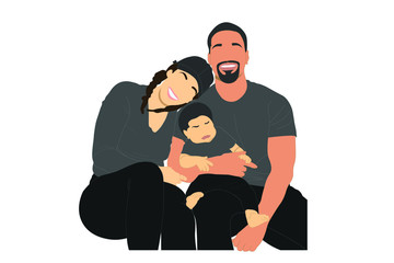 A couple smiling and holding their child. Posing and looking at the camera for a family photo. Parent and the baby.