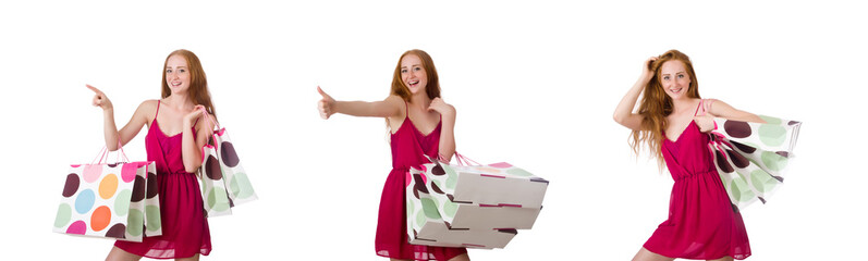 Woman with shopping bags isolated on white