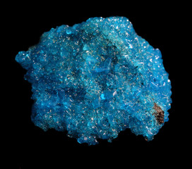 Blue Covelline or Covellite Crystals isolated on a black background. Copper sulfide (CuS), from Etna volcano. Mineral of volcanic origin